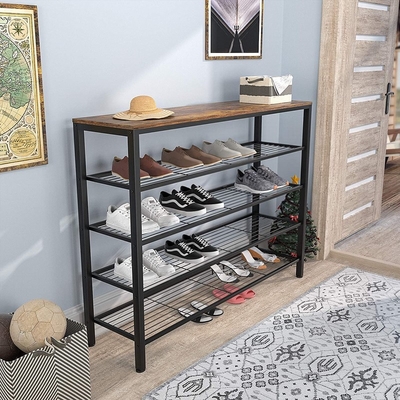 Rustykalny duży 5-poziomowy metalowy 18-parowy stojak na buty z drewnianą deską