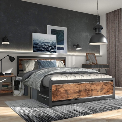 ODM Hotel Drewniane meble metalowe Hostel Żelazna rama łóżka King Industrial Style